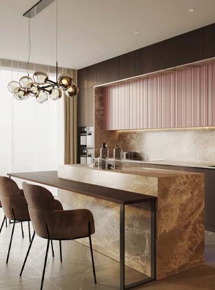 Роскошная кухня CEREZO в розово-пыльном оттенке от мебельного производства Deni-art