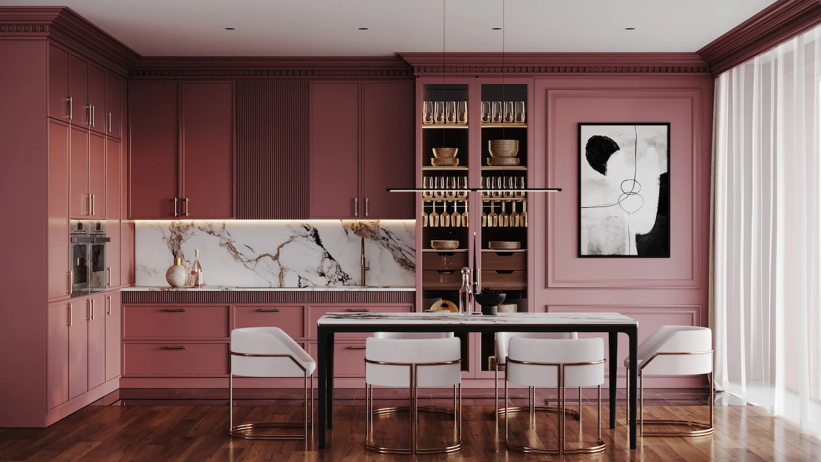 Кухня BORDEAUX винного цвета в современном стиле ар-деко ➤ Deni-art — Эксклюзивная мебель и кухни на заказ в Москве